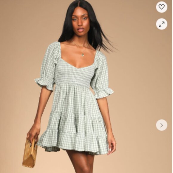 Sweet Outings Sage Green Gingham Puff Sleeve Mini Dress - Picture 1 of 3